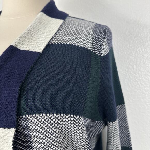Modcloth Cardigan Women 2X Simply Snuggly Blue Green Plaid Open Front Preppy - Picture 6 of 13